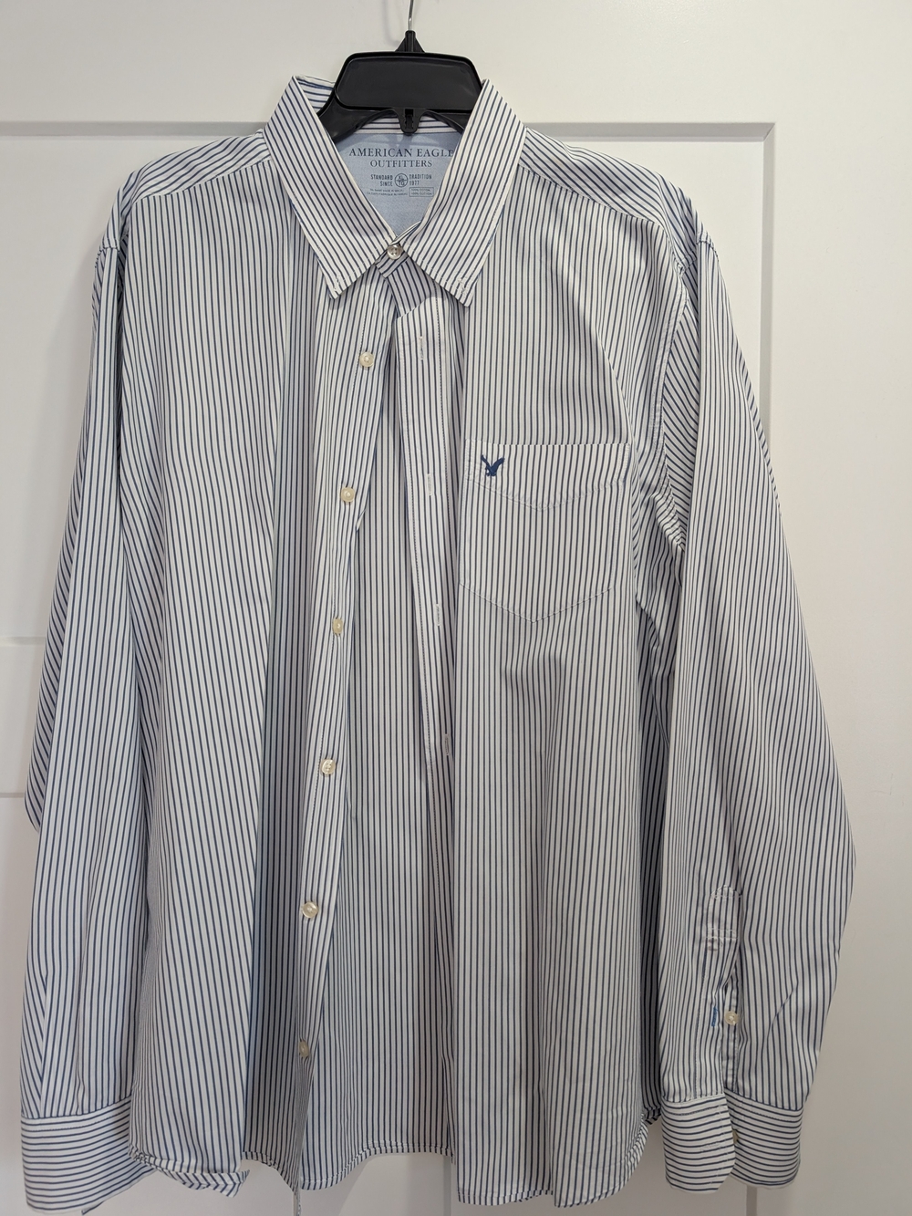 American Eagle Outfitters White Shirt with Navy Pinstripes